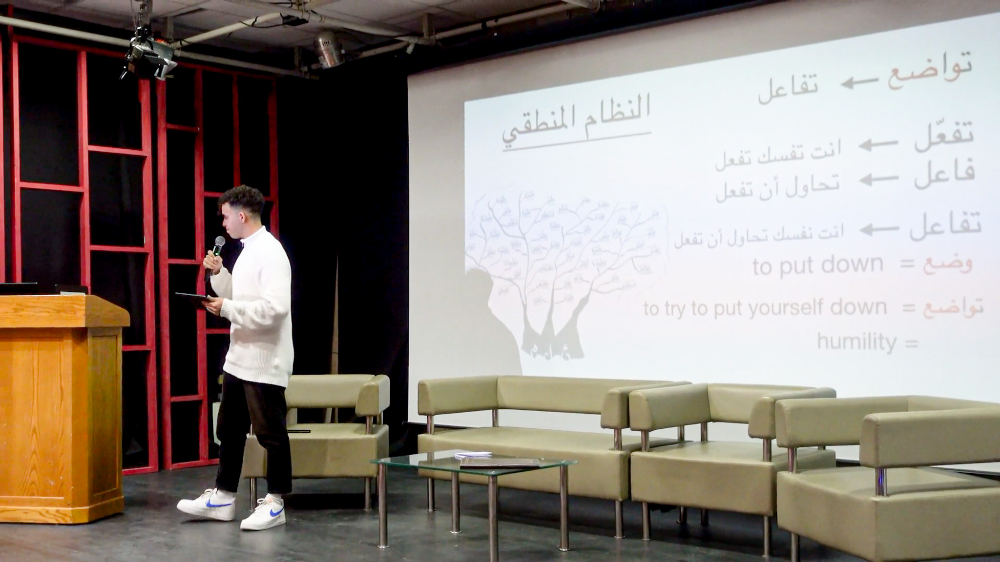 Jonathan giving a presentation in Arabic in Tunisia